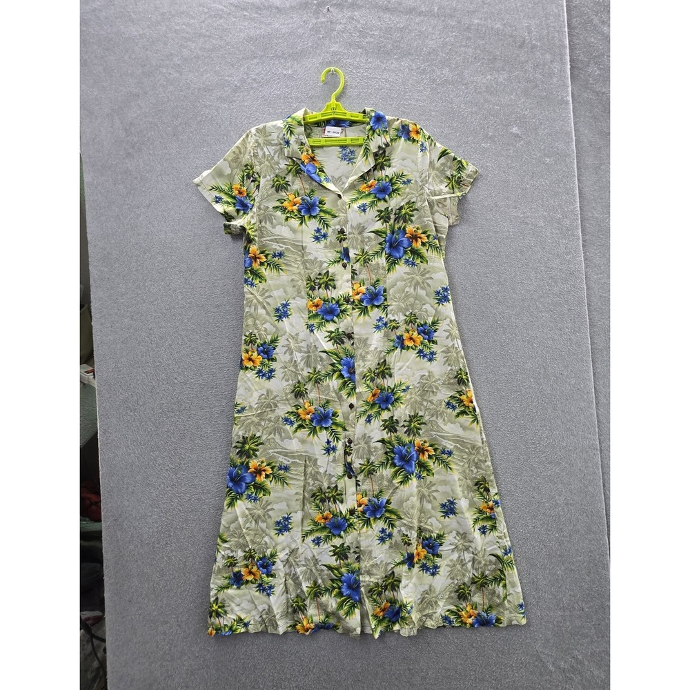 Hilo Hattie Women Dress XL Green Floral Hawaiian Shirt Short Sleeve